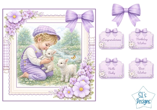 Sweet Child with Lambs Lavender Meadow Card Front with Sentiments
