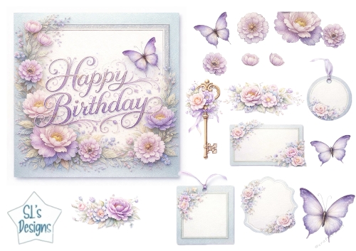 Pastel Floral Birthday Card Topper & Embellishment Set with Butterflies