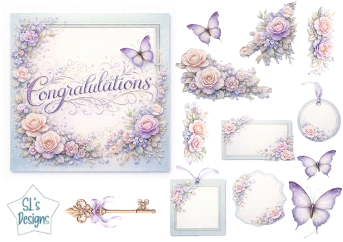 Pastel Floral Congratulations Card Topper & Embellishment Set with Butterflies