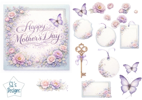 Pastel Floral Happy Mothers Day Card Topper & Embellishment Set with Butterflies