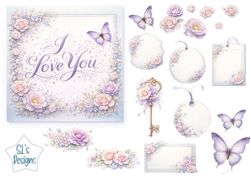 Pastel Floral I Love You Card Topper & Embellishment Set with Butterflies