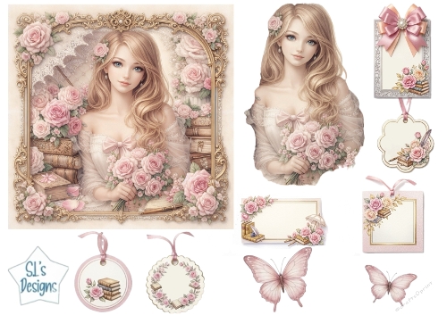 Vintage Rose Lady & Antique Books Card Topper Set