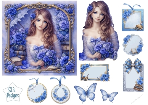 Vintage Blue Rose Lady & Antique Books Card Topper Set