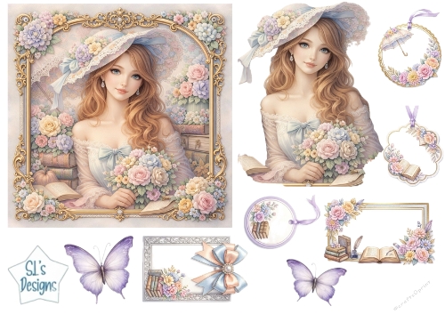 Vintage Pastel Lady with Books & Floral Frames Card Topper Set