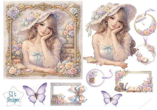 Vintage Pastel Lady with Books & Butterflies Card Topper Set