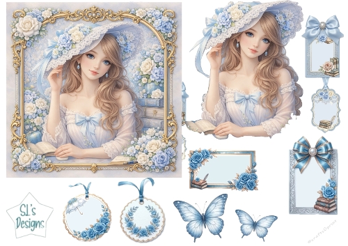Vintage Blue Rose Lady with Books & Butterflies Card Topper Set