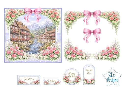 Floral Village Scene Card Front with Tags & Toppers – Pretty Pink Flowers & Ribbon Bow