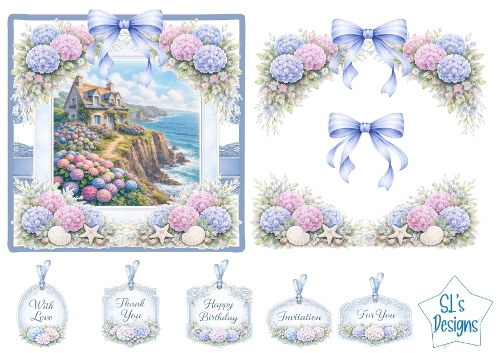Coastal Cottage Card Front with Hydrangeas, Seashells & Sentiment Tags