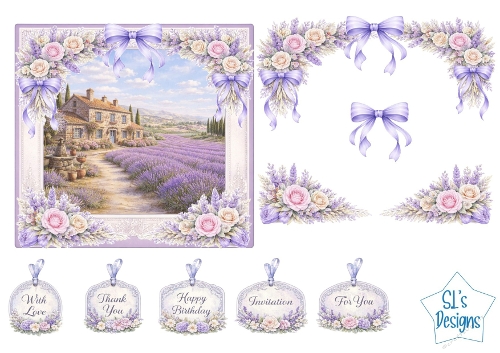 Lavender Countryside Cottage Card Front with Floral Bows & Sentiment Tags