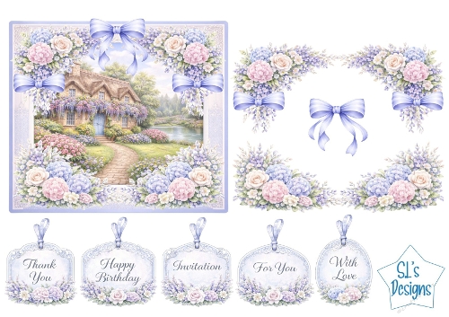 Pastel Cottage Garden Card Front with Floral Bows & Sentiment Tags