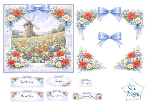 Countryside Windmill Card Front with Wildflowers, Blue Bows & Sentiment Tags