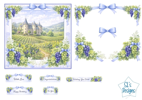 Vineyard Scene Card Front with Grapes, Greenery, Blue Bows & Sentiment Tags