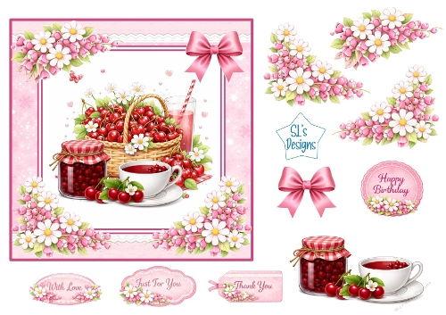Cherry Basket & Pink Floral Tea Time – Card Topper Sheet