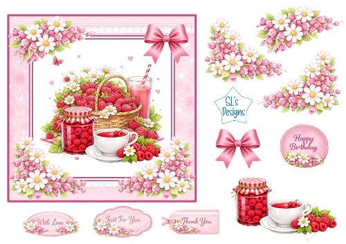 Raspberry Basket & Pink Floral Tea Time – Card Topper Sheet