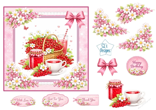 Red Berry Basket & Pink Floral Tea Time – Card Topper Sheet