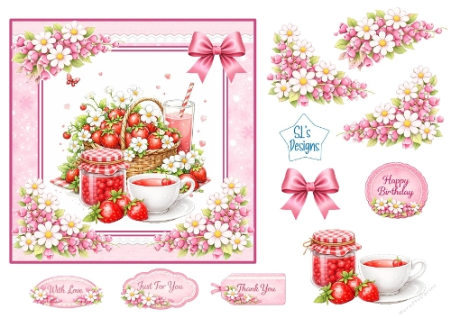 Strawberry Basket & Pink Floral Tea Time – Card Topper Sheet