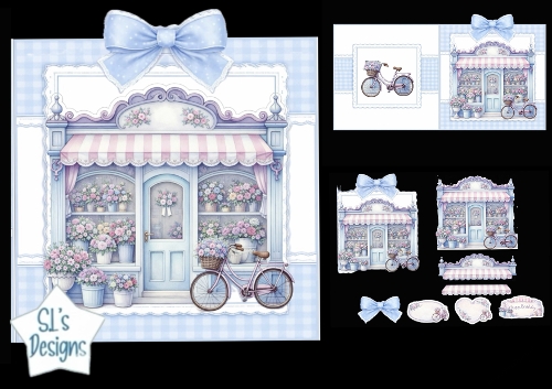 Pastel Flower Shop with Bicycle Birthday Card Topper Kit