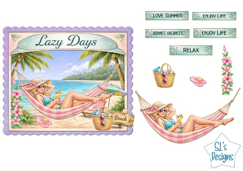 Lazy Days Summer Hammock Card Front & Toppers – Relaxing Beach Holiday Female Design
