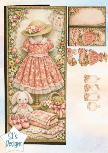 Vintage Floral Dress Card Topper & Girly Accessories Embellishment Kit
