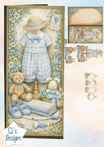 Vintage Baby Boy Outfit Card Topper & Blue Nursery Embellishment Kit