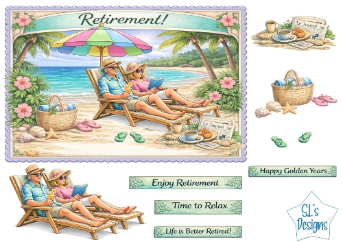 Tropical Retirement Card Front & Toppers – Relaxing Beach Couple – Enjoy Retirement