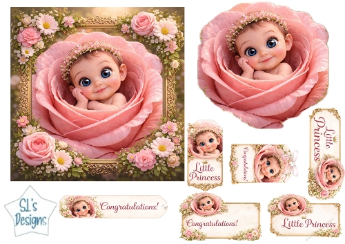 Little Princess Baby in Rose Card Topper Sheet – Newborn Girl Tags & Labels