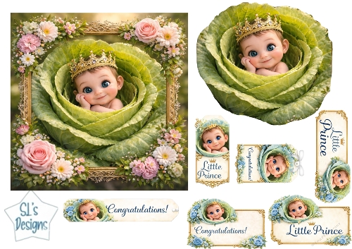 Little Prince Baby in Cabbage Card Topper Sheet – Newborn Boy Tags & Labels
