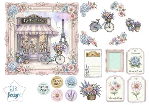 Paris Flower Shop Card Topper Sheet – Fleurs de Paris Bicycle & Floral Embellishments