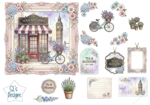 Tea & Blossoms London Shop Card Topper Sheet – Bicycle, Florals & Pastel Embellishments