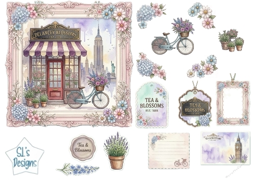 Tea & Blossoms New York Shop Card Topper Sheet – Floral Bicycle & Pastel Embellishments