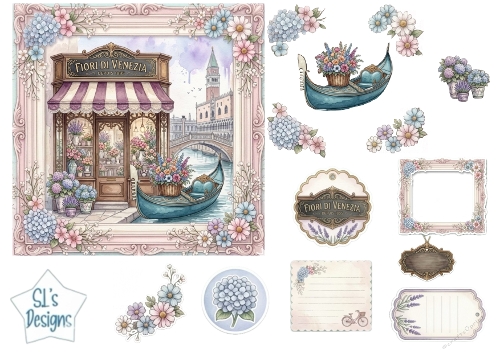 Fiori di Venezia Flower Shop Card Topper Sheet – Venetian Gondola & Pastel Floral Embellishments