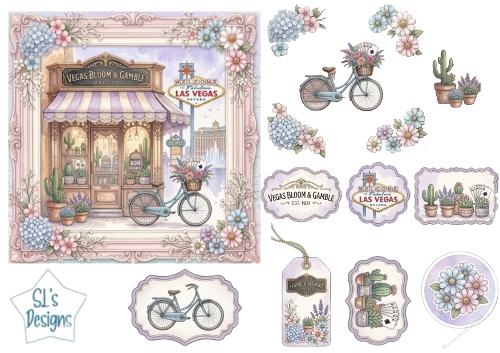Vegas Bloom & Gamble Flower Shop Card Topper Sheet – Cactus, Bicycle & Las Vegas Embellishments