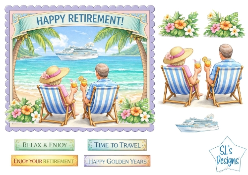 Retirement Card Front & Toppers – Beach Couple & Cruise Ship – Happy Retirement