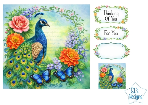 Elegant Peacock & Floral Deluxe Card Kit – Thinking of You / For You Labels Included