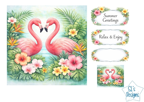 Romantic Tropical Flamingo Card Kit – Summer Greetings / Relax & Enjoy Labels