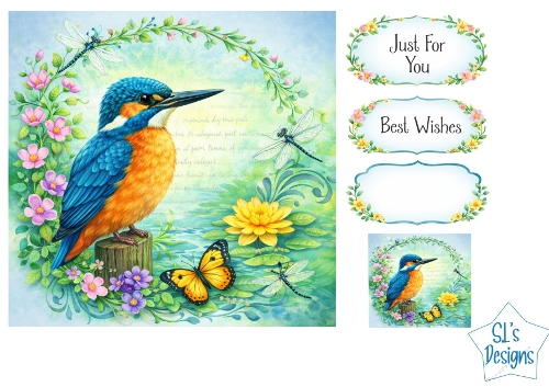 Beautiful Kingfisher & Wildflowers Card Kit – Just For You / Best Wishes Labels