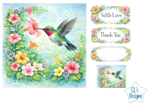 Hummingbird & Floral Garden Card Kit – With Love / Thank You Labels