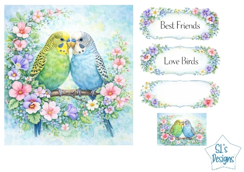 Budgerigars Love Birds Floral Card Kit – Best Friends / Love Birds Labels