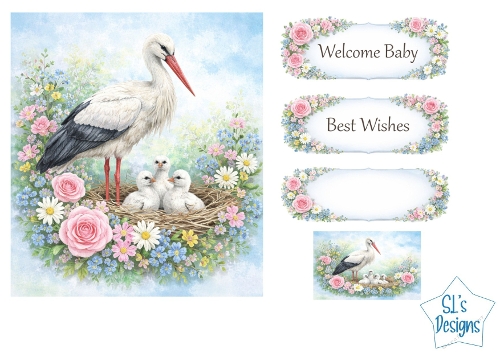 Stork & Baby Nest Floral Card Kit – Welcome Baby / Best Wishes Labels