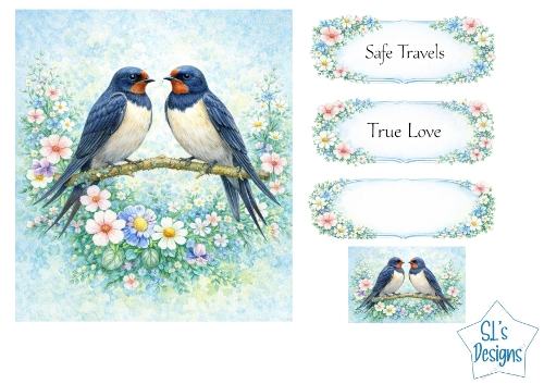 Swallows & Floral Branch Card Kit – Safe Travels / True Love Labels
