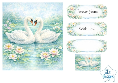 Romantic Swans & Water Lilies Card Kit – Forever Yours / With Love Labels