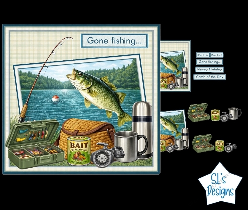 Gone Fishing Vintage Card Front with Tackle Box, Lake Scene & Rustic Outdoors Theme
