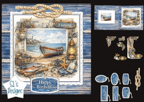 Nautical Fishing Boat Birthday Card Kit with Coastal Toppers