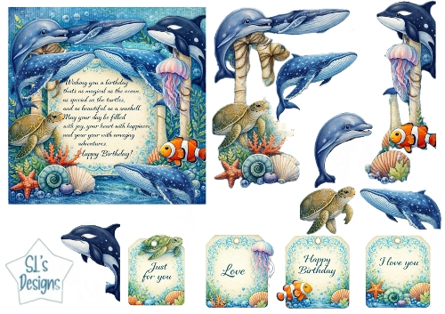 Ocean Birthday Card Topper with Whales, Dolphins, Turtles & Underwater Elements