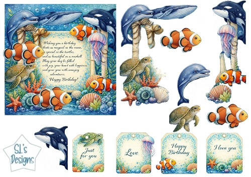 Underwater Birthday Card Topper with clown fish