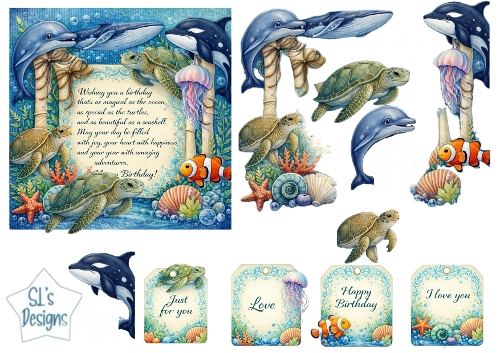 Ocean Birthday Card Topper  Turtles &Elements