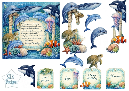 Underwater Birthday Card Topper with Dolphins, Whales, Turtles & Sea Life Elements