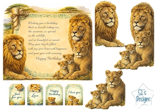 Savanna Lion Family Birthday Card Topper with Wildlife Elements