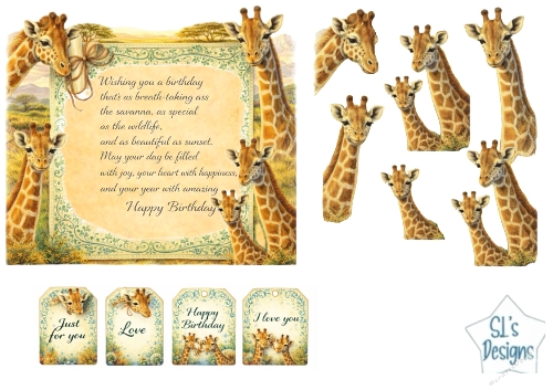 Giraffe Savanna Birthday Card Topper with Wildlife Family Elements