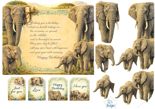 Elephant Savanna Birthday Card Topper with Wildlife Family Elements